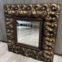 Heavy Beveled Mirror With Bronze Colored Wood Frame