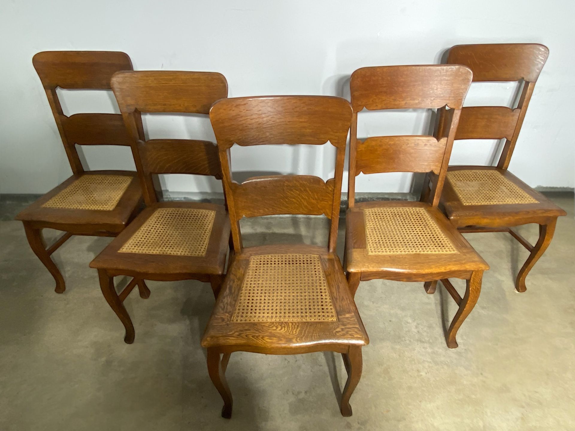 Set of 5 Solid Wood Oak Dining Chairs with Cane Seats — Early 1900s, Boston Label