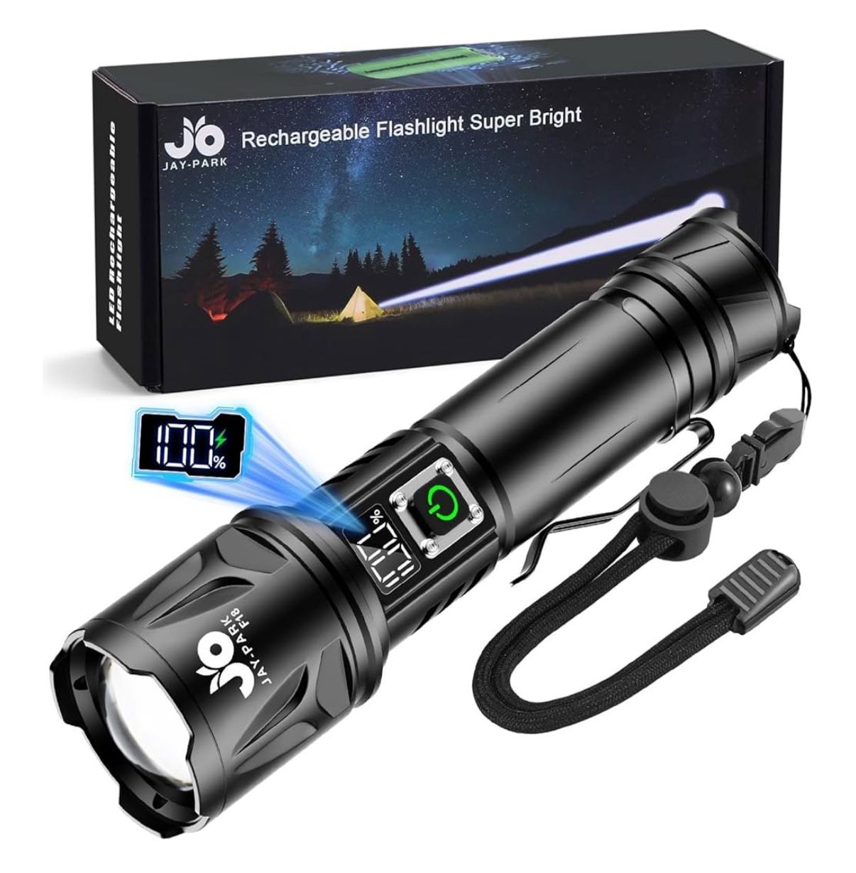 10000 Lumens, Rechargeable 5000mAh with LCD Display, Zoomable Long Beam (3000m), IP67 Waterproof, 5 Modes & Belt Clip