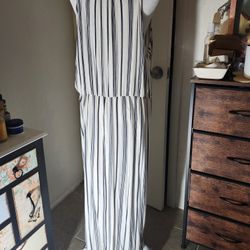 White with Black Stripes Halter Style Stretchy Knit Maxi Dress 2X 