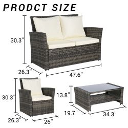 4 Pieces Outdoor Patio Furniture Sets Garden Rattan Chair Wicker Set, Poolside Lawn Chairs with Tempered Glass Coffee Table Porch Furniture