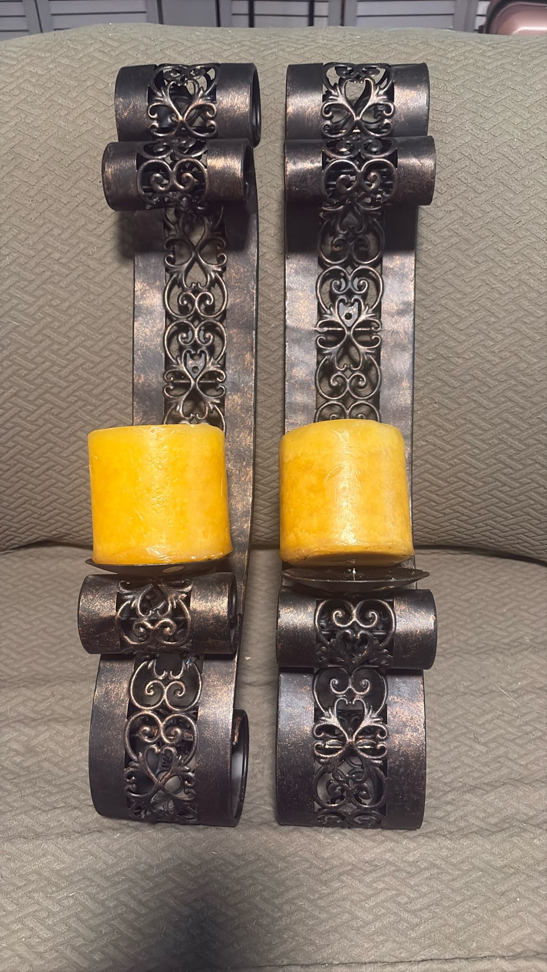 Two Decorative Wall Candle Holders, Brown Metal