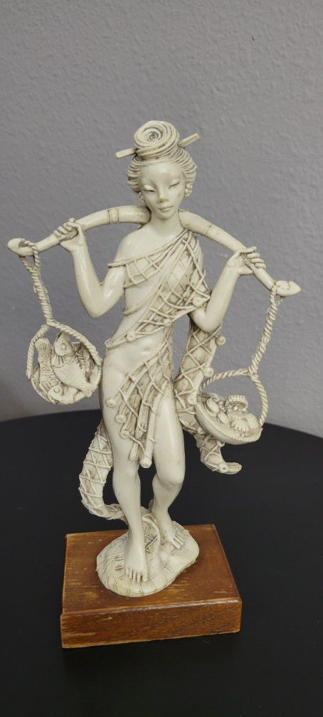 Vintage Hard Plastic Asian Woman Carrying Fish & Vegetables Statue 8.5" Tall
