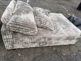 Gray Ribbed Plush Fabric Sofa with Cushions