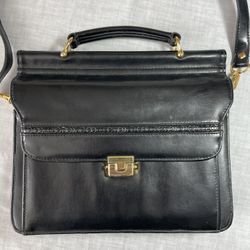 D Collection Women’s Briefcase Style Genuine Leather Black Bag With Detachable Shoulder Strap