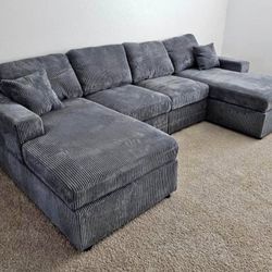✅️✅️4 pc fog grey corduroy fabric sectional sofa with double chaise✅️✅️