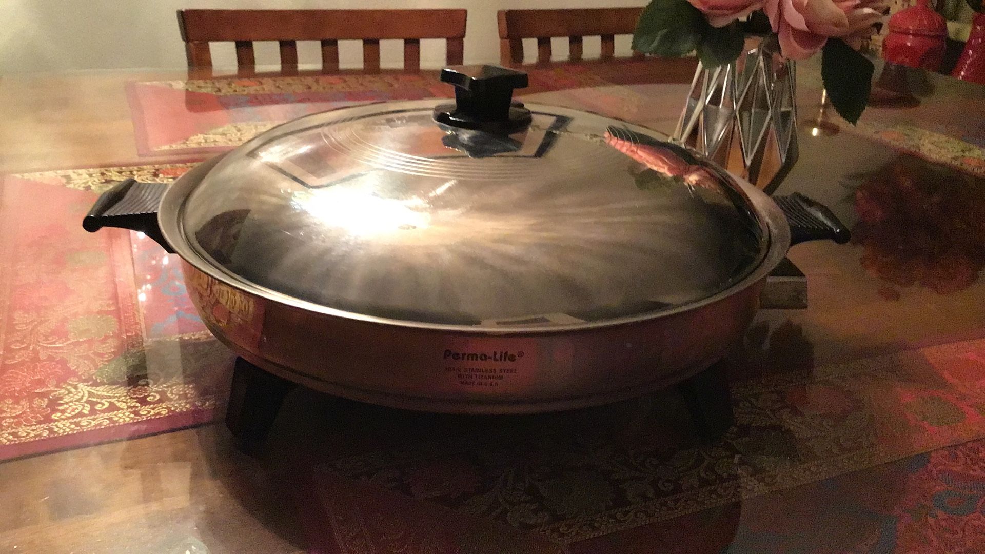 PERMA LIFE 304-L 13” LAGE STAINLESS AND TITANIUM ELECTRIC SKILLET WITH LID, USA 