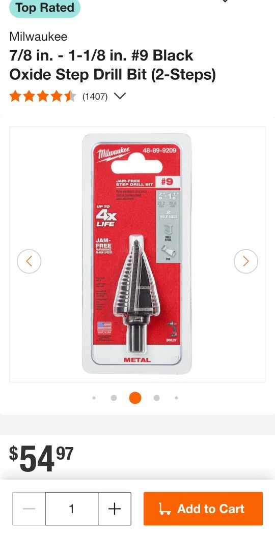 Milwaukee
7/8 in. - 1-1/8 in. #9 Black Oxide Step Drill Bit