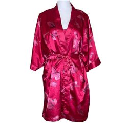 Vanity Fair Vintage 80's Floral Silky Poly Bow Accent Lingerie Slip Robe