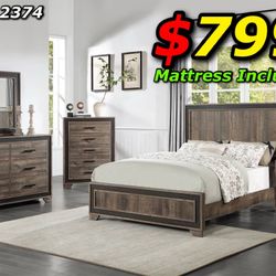 4pcs Queen Size Bedroom Set w. Mattress Included 