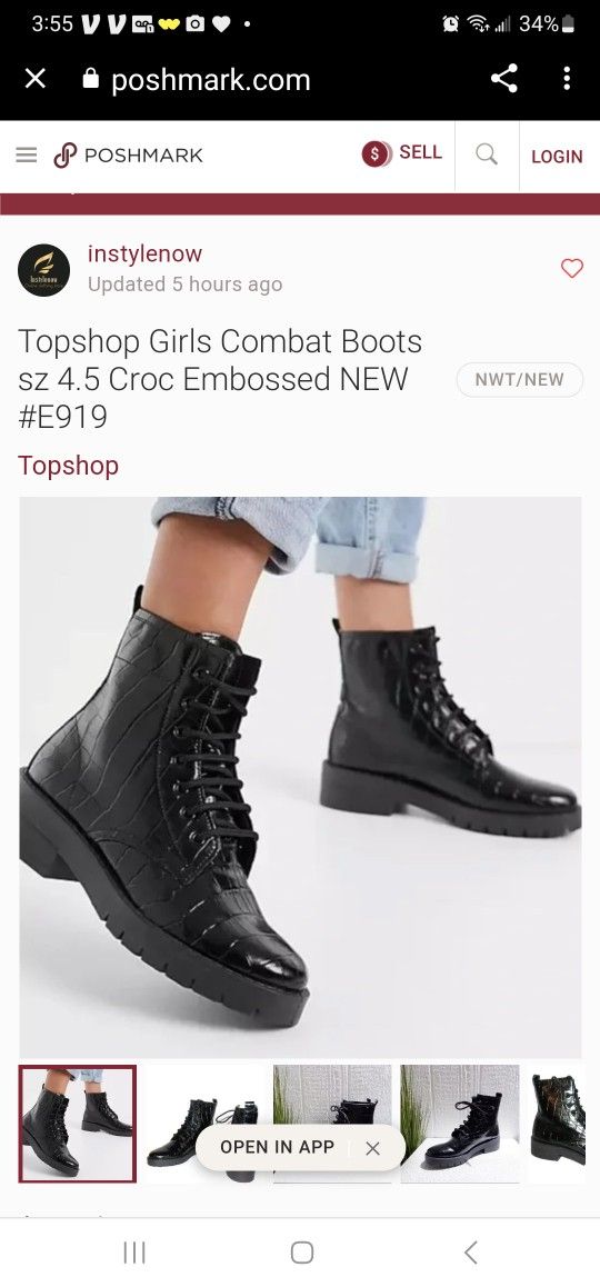 TOPSHOP BUSTER CROCO BLACK LACE UP ANKLE BOOTS