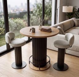 Garvee 31.5 in Round Bar Table 39.4" H, Iron Bistro Pub Table with Wave Base & Metal Ring Footrest, One-Piece Natural Wood Tabletop, Easy Assembly, Sm