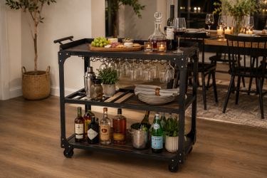 Industrial Bar Cart with Wheels – Rolling Serving Cart with Wine Glass Holder