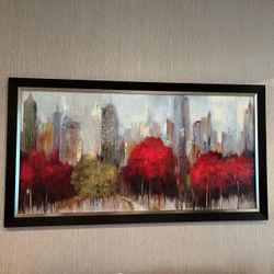 Downtown by Allison Pierce Large framed Art piece Cityscape Red orange yellow gold blues fall colors