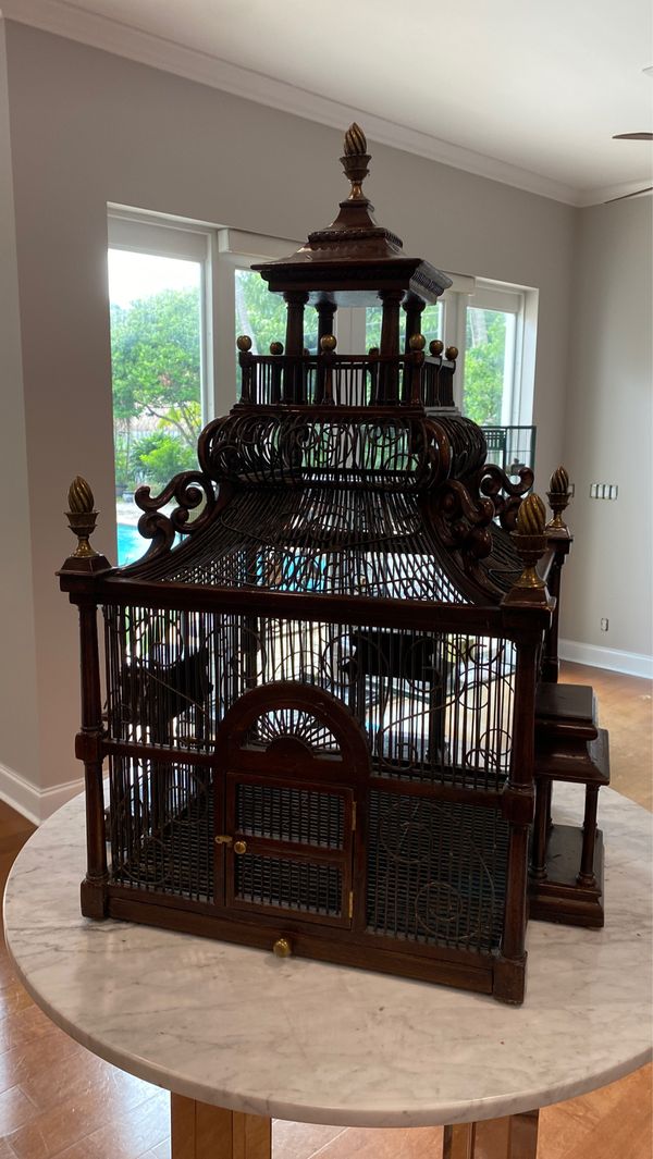 Antique Architectural bird cage by Maitland Smith. Hand carved mahogany