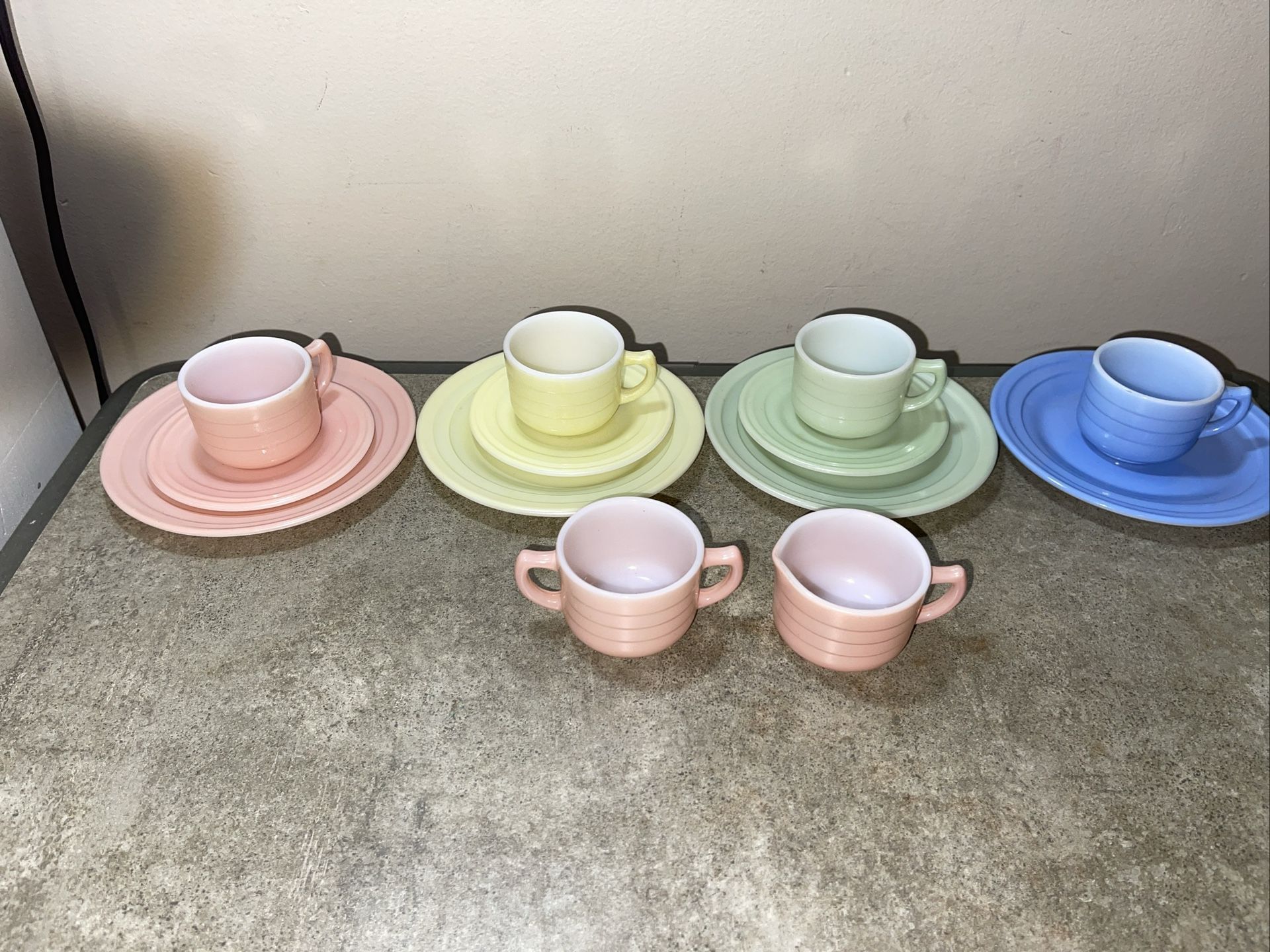 1950’s Hazel Atlas Milk Glass Little Hostess Kids Tea Set Pastel Colors