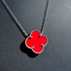 Jewelry 925 sterling silver Van cleef style Red clover shape necklace 20” 1mm
