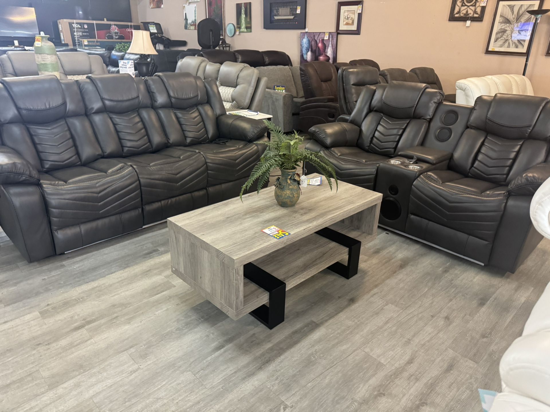 Grey Power Reclining Sofa And Loveseat With Led Lights And Bluetooth Speakers