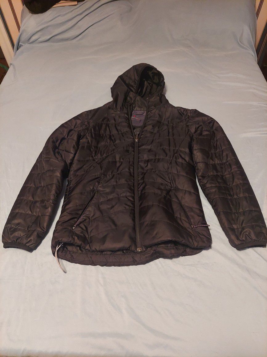 Alpine Design Size Large Black Hooded Rain Jacket. Organically Dry Cleaned. 