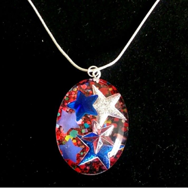 4th Of July Patriotic Star Glitter Pendant On 20" Silver Necklace NEW