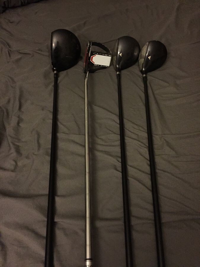 3 wood 5 wood soft feel top flite putter Nickil fit genex cross 10.5 US patient pending driver. Great clubs just blew out my knee and need to pay for