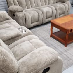 3 pc reclining sofa, loveseat and chair tan color