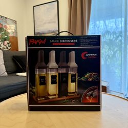 Parini 4PC Auto-Pour Sauce Dispensers with Wood Tray