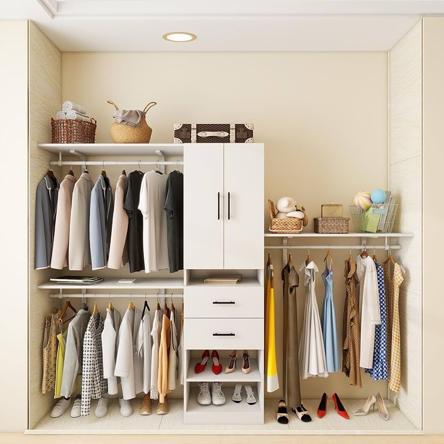 8ft Closet Organizer System Armoire Wardrobe Closet System with 3 Shelf Towers 2 Door White Tall Cabinet with 2 Drawers and Built-in Garment Rack Whit