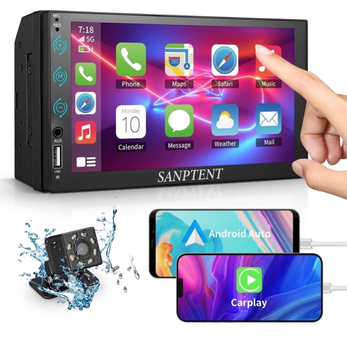 Car radio receiver with Bluetooth, Rear View Camera, AM/FM/AUX Input, Screen Mirroring
