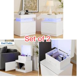 Cozy Castle LED Nightstand, LED Night Stand with Charging Station,Storage and Flip Top, Small End Side Table for Bedroom, Living Room (2, White)