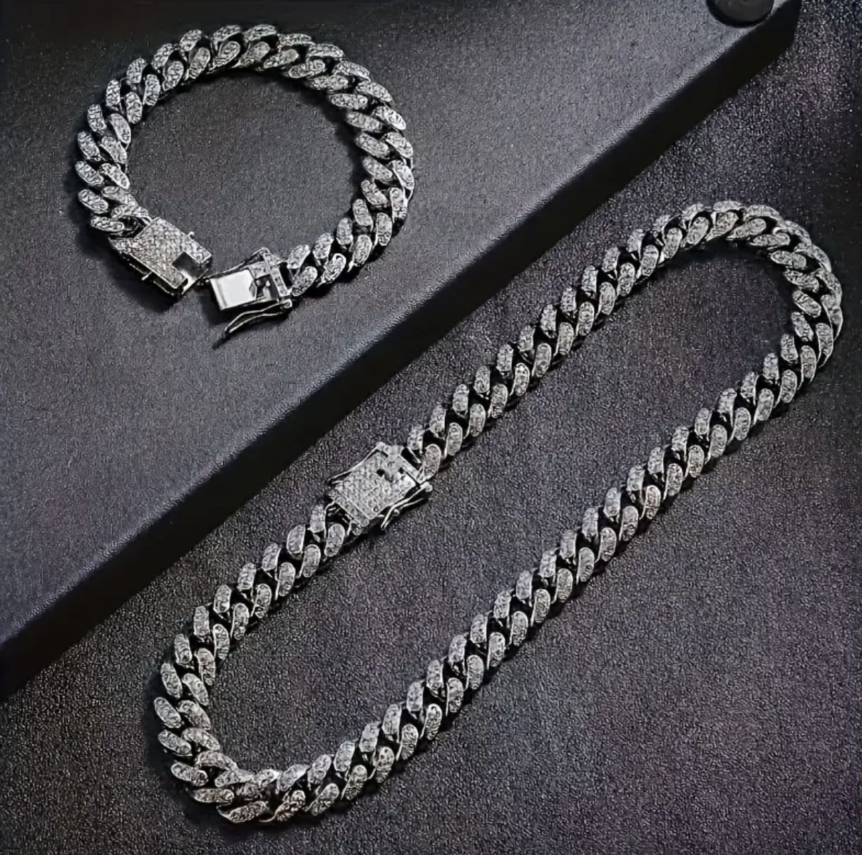 New 18k White Gold Cuban Link Chain and Bracelet Set