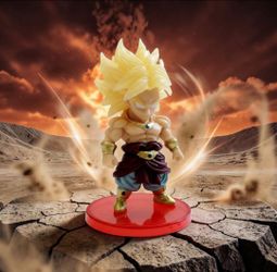 #F) Dragon Ball Z 2.5" Legendary Super Saiyan Broly Gold "Chibi" Gashapon Style Mini Figure With Base. This item is a Dragon Ball Z Super Saiyan Broly