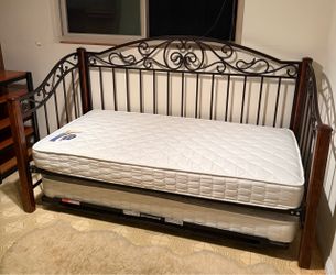 Twin Wood and Wrought Iron Daybed with Pull-Out Trundle & Mattresses