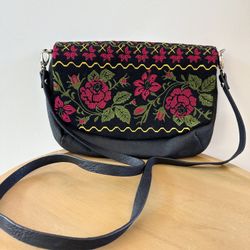 Black Leather Embroidery Purse
