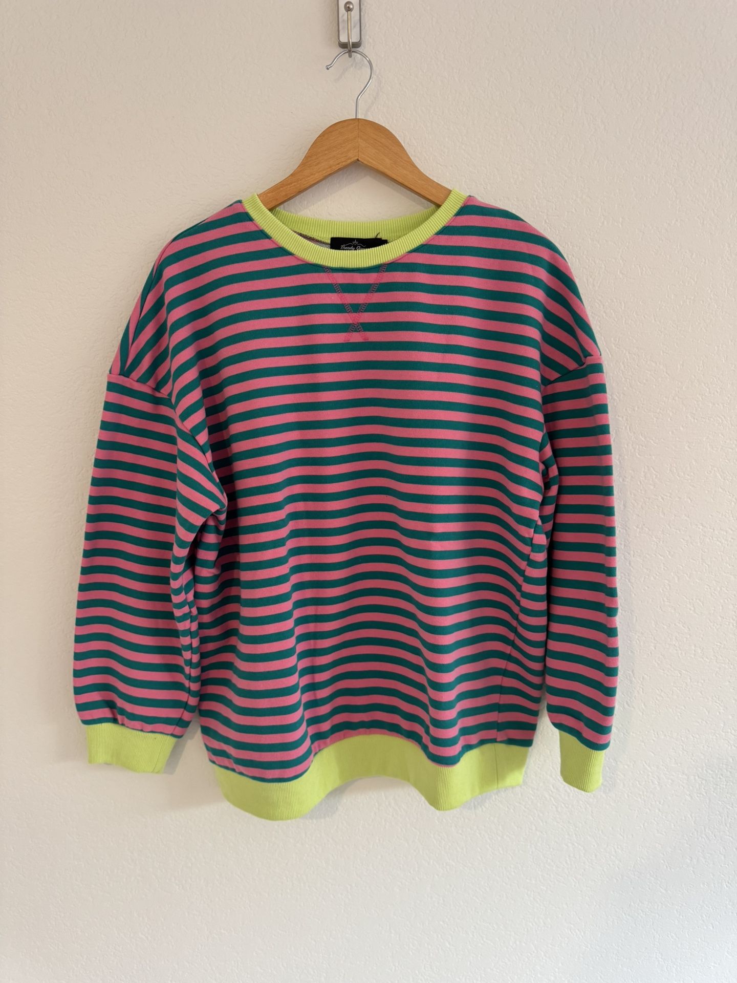 Size L Trendy Queen Striped Pink and Green Crewneck Colorful Crewneck Sweater