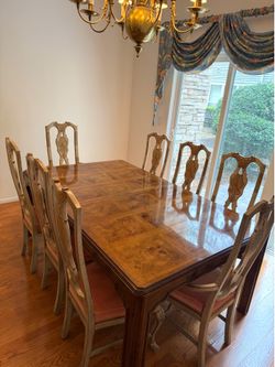 Vintage Drexel Heritage MCM Mid Century Modern Chinoiserie Hollywood Formal Dining Room Parquet Table and Chairs w/ 3 extra Leaves