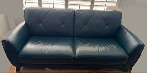 Myia 82" Tufted Back Leather Sofa & Pushback Recliner Chair Set in Peacock Blue - Great Condition
