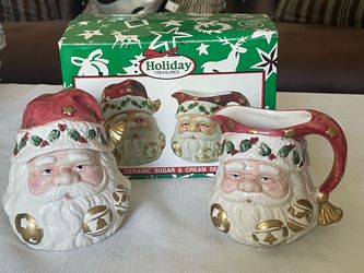 Vintage Holiday Treasures ceramic Santa Claus sugar bowl and creamer set in its original box.