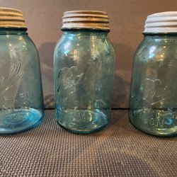 Vintage Antique aqua Ball Perfect Mason Jar set of 3 with original lids