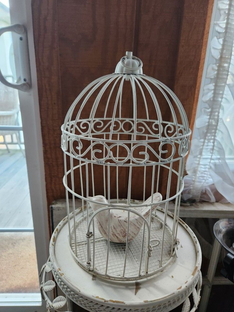 Antique Style White Wrought Iron Bird Cage free ceramic bird candle, hang deco, wedding centerpiece