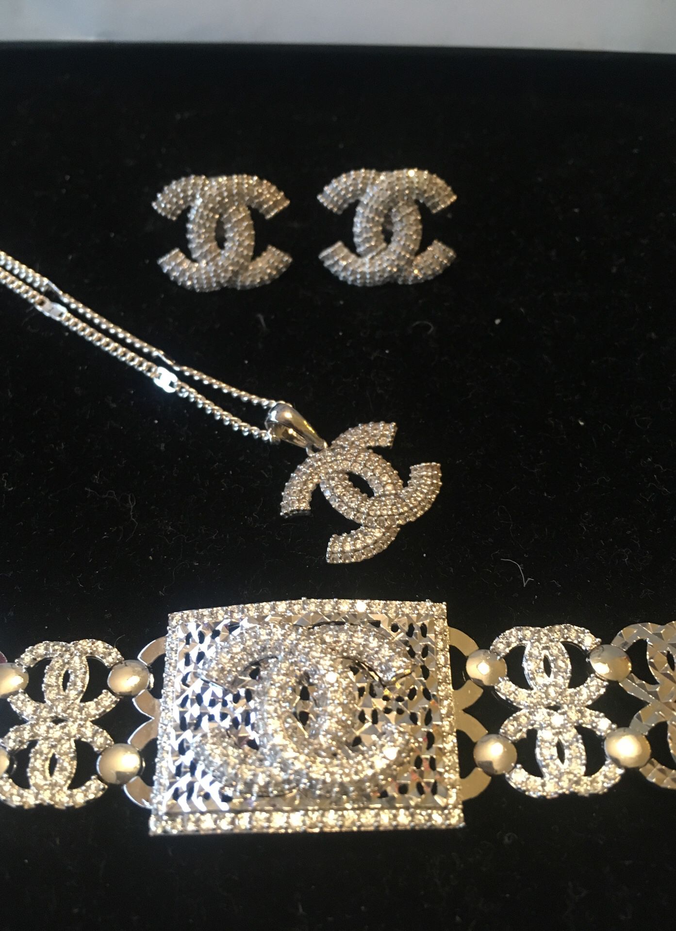 Channel cc diamond earrings necklace bracelet