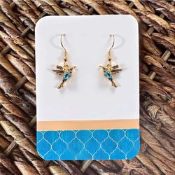 New Handmade Gold-Tone Hummingbird Dangle Earrings with Turquoise and Black Crystals