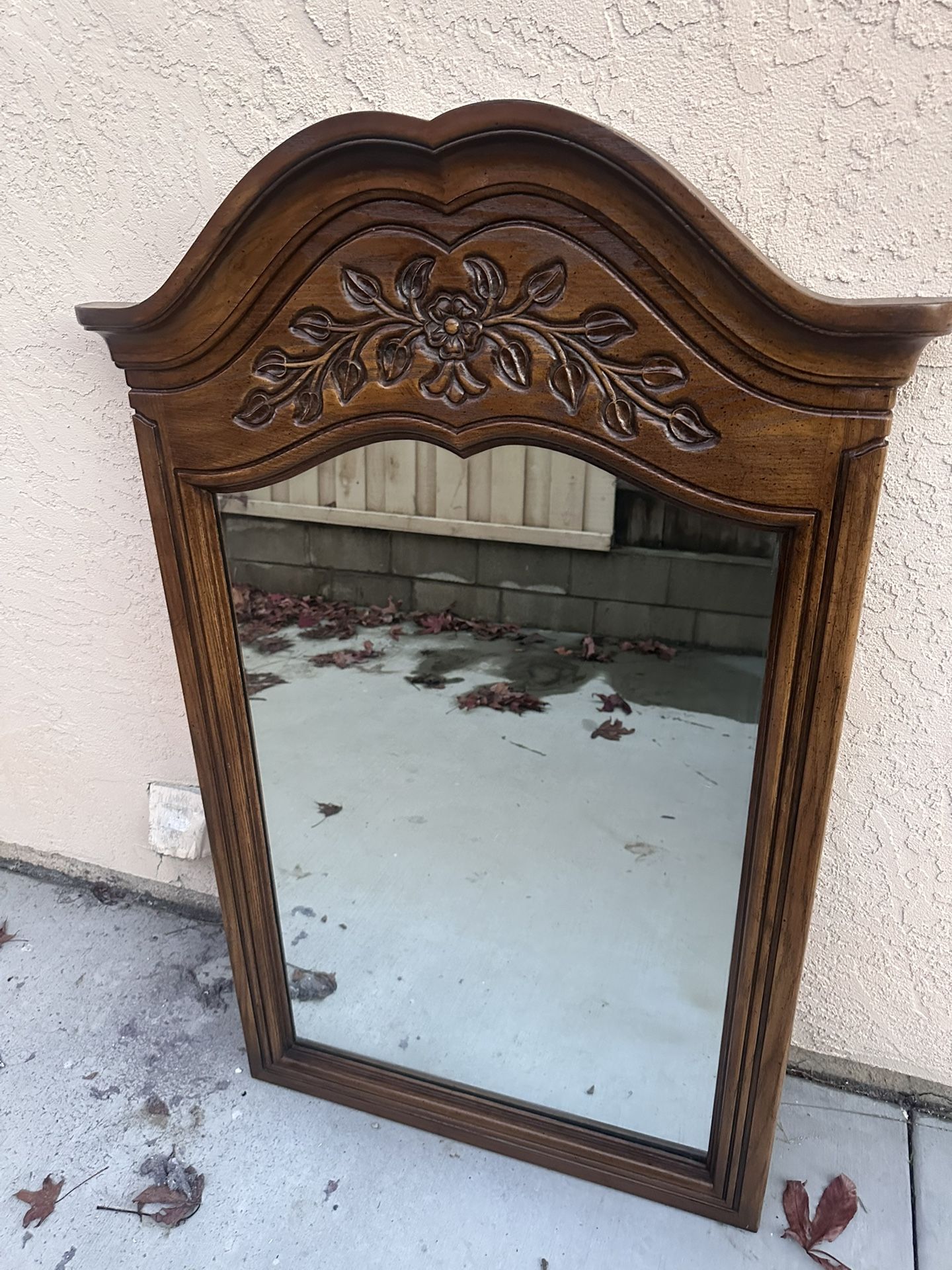 Vintage Solid Wood Wall Mirror with Carved Floral Detail