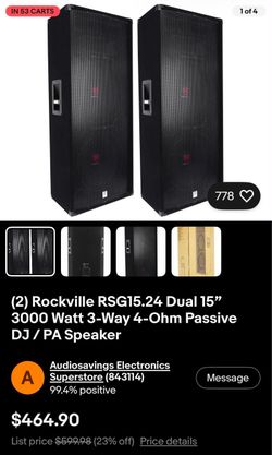 (1Pair)  Rockville Rsg 15.24 Dual 15inch 3000 watt 3-way 4-ohm passive Speakers