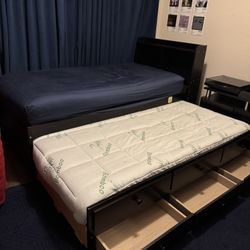 Twin Size Bed With Trundle Headboard, Bookcase And Three Drawers, Black, Modern Contemporary 100% Wood Pine