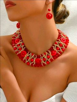 Red Bohemian Statement Necklace Set Crystal Beaded Bib Collar Necklace & Dangle Earrings Retro Fashion Jewelry
Bold bohemian statement necklace set fe