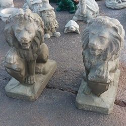 2 Cement Lions With Shield 21" Tall