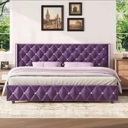 King Bed Frame with Velvet Headboard, Silverside Wingback, Purple
Modern Style, Velvet Upholstered Headboard, Diamond Tufted Design, No Box Spring Req