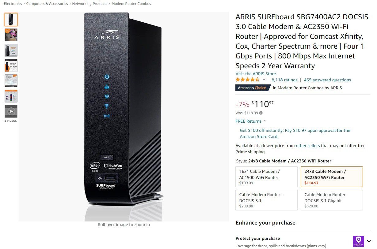  Cable Modem & Wifi Router -Arris SURFboard