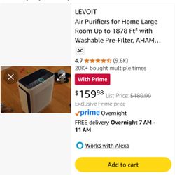 LEVOIT Air Purifiers for Home Large Room Up to 1878 Ft² with Washable Pre-Filter, Connects To Alexa 